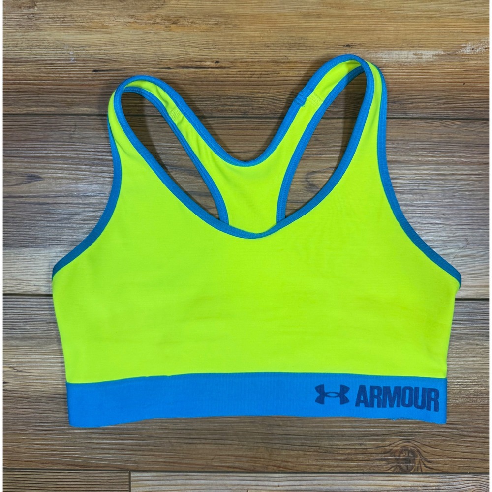 Under Armour Neon Yellow Blue HeatGear Racerback Sports Bra Gym Workout Top